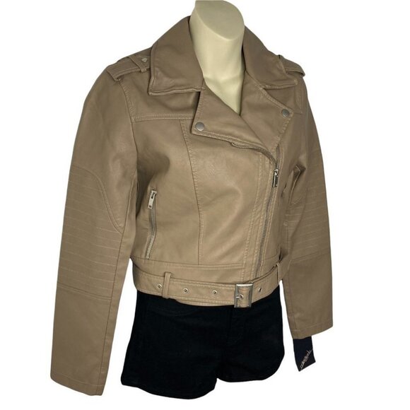 Collection B Faux Leather Belted Moto Jacket Brown Size Small - Picture 3 of 12